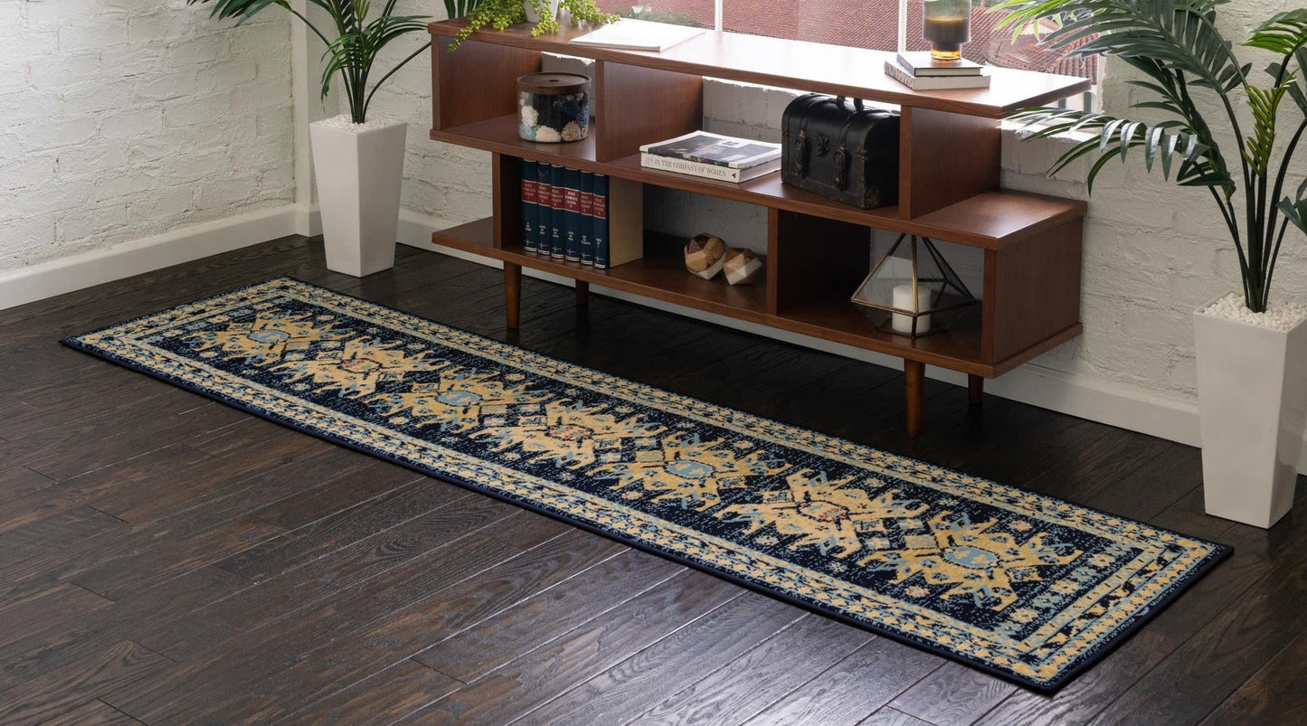 Unique Loom Taftan Collection Border Geometric Tribal Inspired Design Area Rug (2' 7 x 10' 0 Runner, Navy Blue/ Gold)