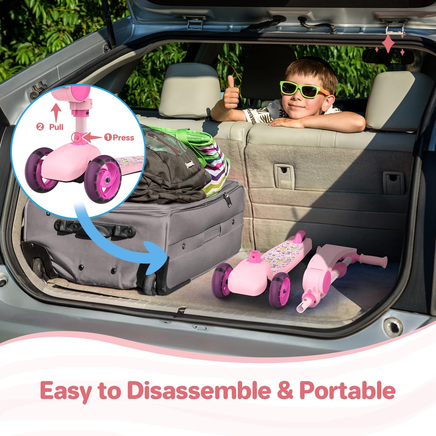 TONBUX Kids Scooter with Seat, 3 Wheels Scooter with PU Luminous Wheels, Non-Slip Handle and Wide Deck, Sensitive Brakes, 4-Level Adjustable Height, Scooters for Kids 2–8 Years Pink
