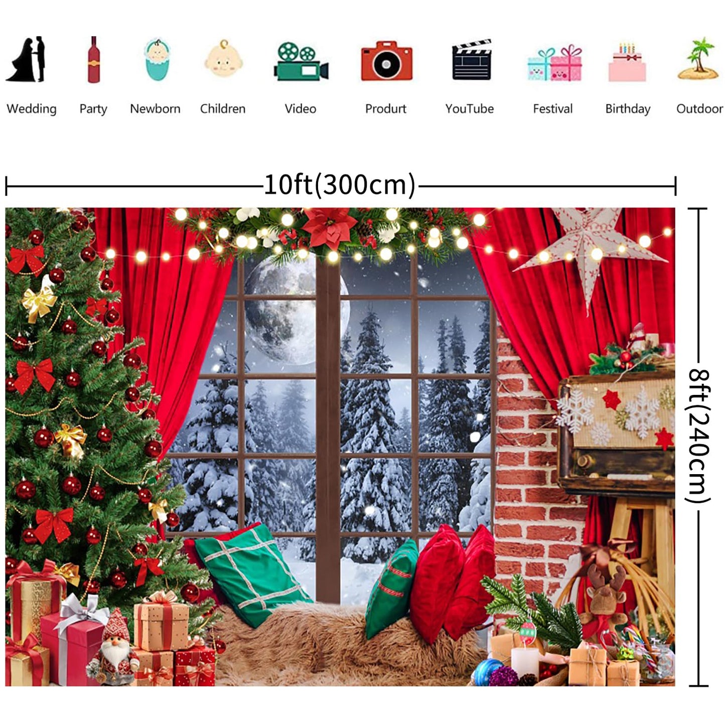 Diasynig 10x8FT Christmas Backdrop Window Red Curtain Xmas Tree Gifts Forest Snow Scene Photography Background Family Kids Winter Holiday Christmas New Year Party Decorations Banner Photo Booth Props