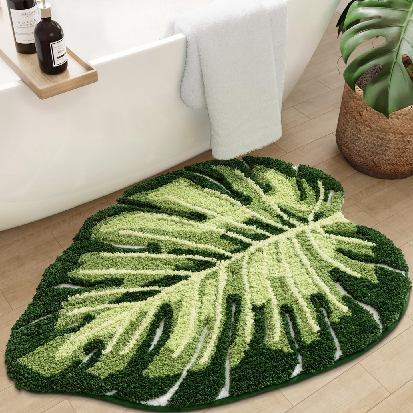 DEXI Leaf Bathroom Rugs Monstera, 31.5x23.5 Soft Fluffy Cute Bath Mat with Non Slip Backing, Washable Absorbent Bath Rug Quick Dry for Shower Floor, Toilet, Bedroom, Kids Room, Green