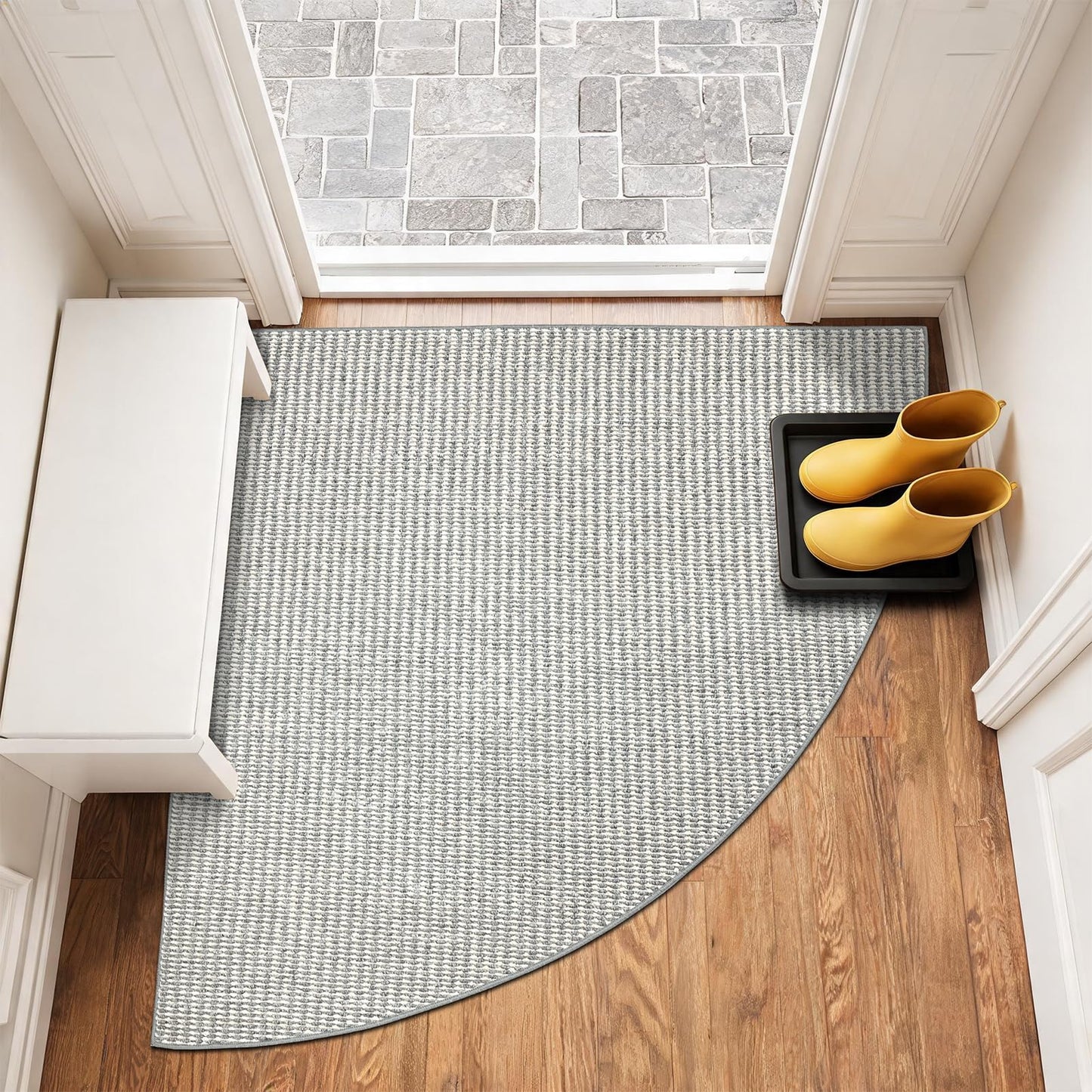 HOMELEPHANT Corner Kitchen Rug Non Slip Washable, Faux Sisal Fan-Shaped Corner Kitchen Mat, Circular Sector Corner Reading Rug, Radius 100cm, White/Grey