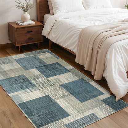 Ailyei Area Rugs 3x5 Kitchen Rugs Entry Rug for Inside House, Modern Geometric Entryway Rug Non Slip Stain & Fade Resistant, Grid Print Patchwork Area Rug for Entrance Bedroom Decor, Blue