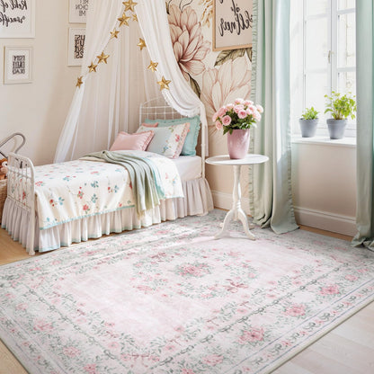 Wonnitar Floral Bow Pink Rug for Bedroom, Washable 5x7 Area Rug for Girls Nursery, Ultra-Thin Non Slip Soft Boho Carpet for Kids Room Dorm Living Room, Light Pink