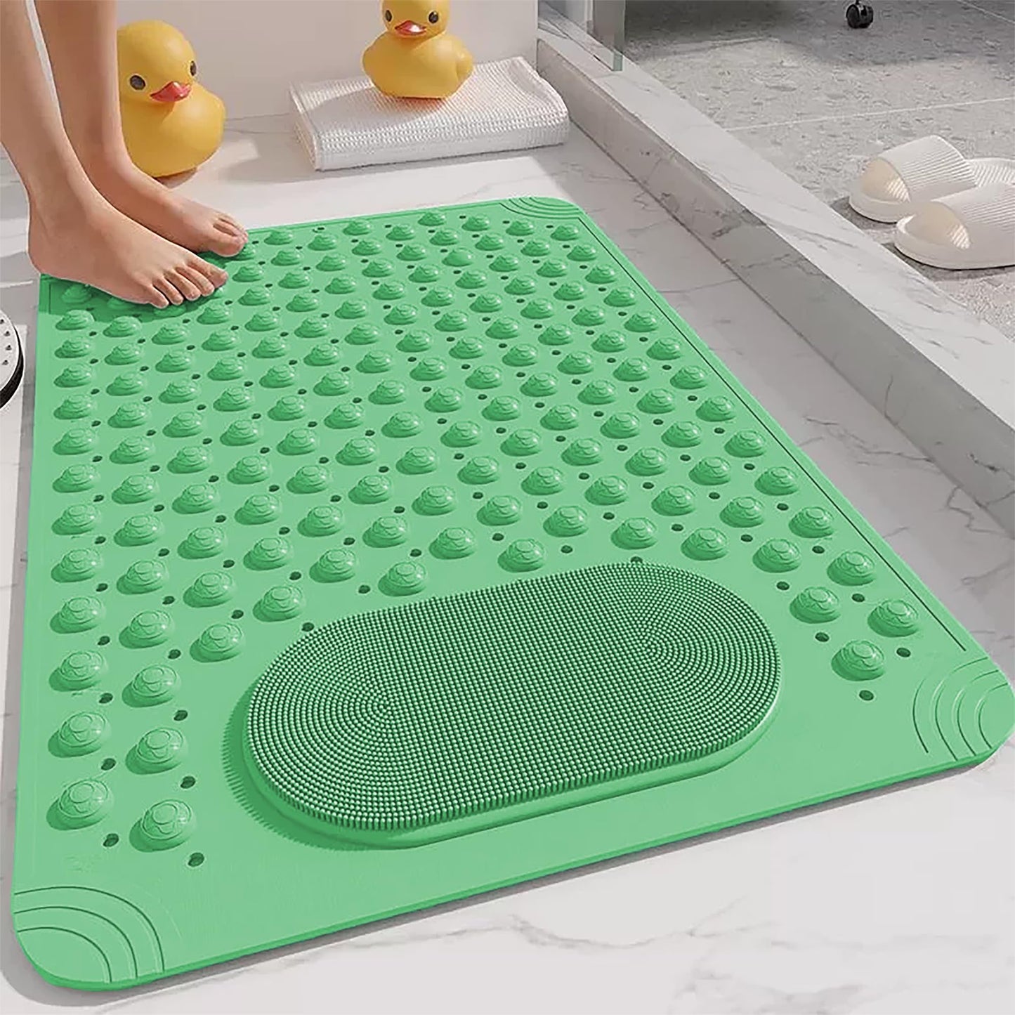 Bath Mat for Tub and Shower – Anti-Slip with Suction Cups, Exfoliating Foot Scrubber, Drain Holes & Massage Points – PVC, 19.7” x 31.5” – Non-Slip Mat for Seniors, Families, Spa Use
