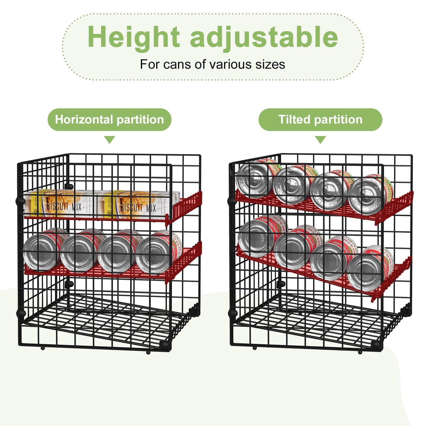 JKsmart 2-Tier Stackable Can Rack Organizer for Pantry, Adjustable Can Dispenser Holds Up to 62 Cans, Can Storage Holder for Various Ounces of Canned Food Soda Drinks, Black, 2 Pack (Petent Pending)