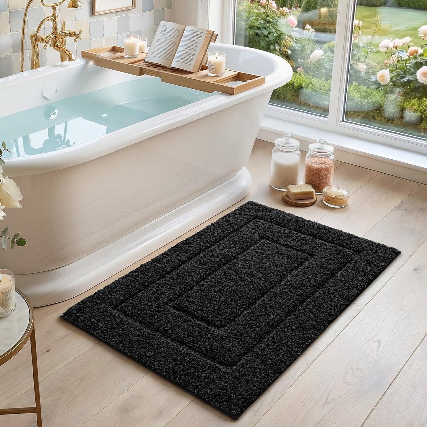 DEXI Bathroom Rug 43x24, Non Slip Washable Bath Mat for Shower Floor, Extra Large Absorbent Soft Bathmat with Rubber Backing, Quick Dry Microfiber Carpet, Black