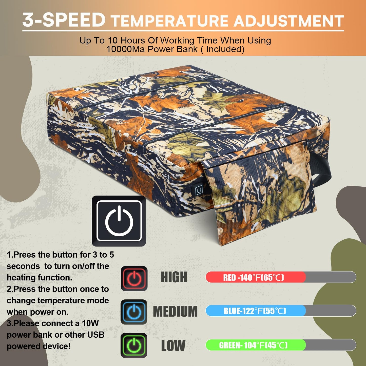 Fisoceny Heated Hunting Seat Cushion Pad Thermal Hunting Seat with 10000 mAh Power Bank Adjustable Temperature Hunting Hot Seat Cushion for Tree Stand,Bleacher,Sport Without Backrest,Yellow