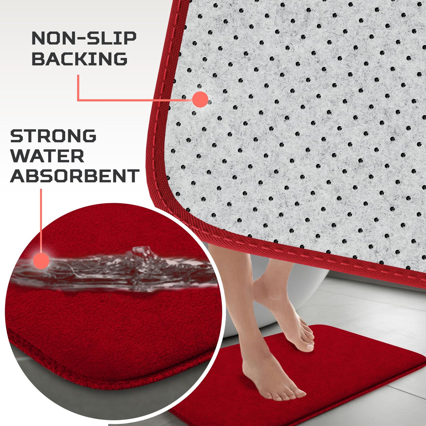 Elvoki 5-Piece Memory Foam Bath Mat Set - Non Slip Cushioned Ultra Absorbent Bathroom Floor Rugs - Machine Washable Quick Dry Soft Shower Mat - Burgundy