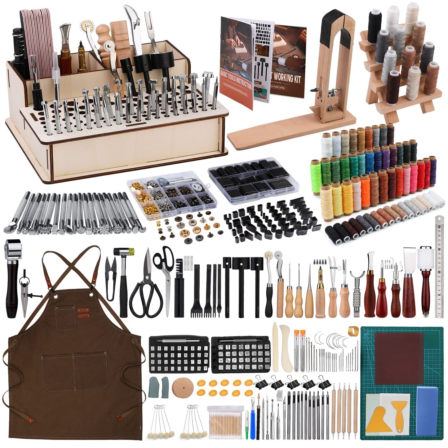 628Pcs Leather Working Tooling Set for Beginners, Starter Working and Tool Supplies with Leather Pony, Tooling Box, Stamping Punching Tools, Sewing Thread, Rivets Kit for DIY Crafts