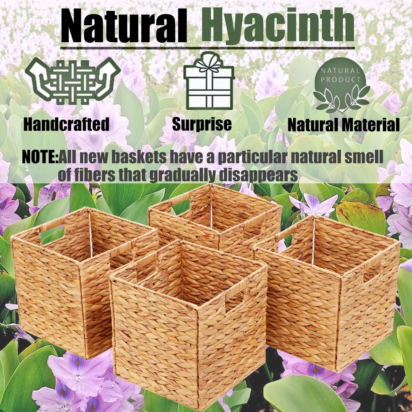 11x11in Storage Baskets 4 Pcs Square Baskets for Cube Shelf,Foldable Handwoven Water Hyacinth Storage Bins for Laundry Organizer