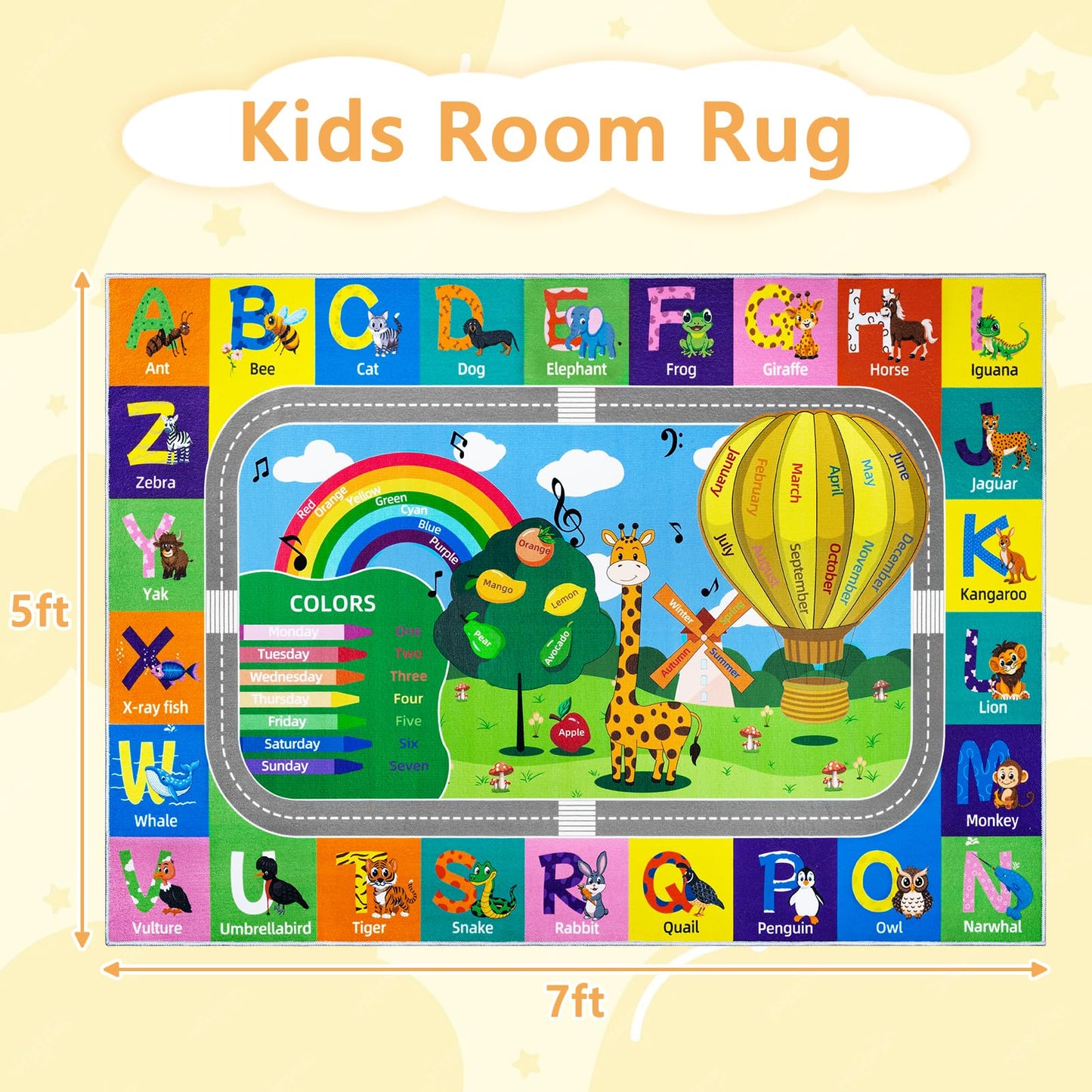 VSIWB Kids Rug for Playroom Educational ABC Rug Washable Play Mat Learning Alphabet Animals Numbers Non-Slip Soft Kids Carpet for Baby Toddler Classroom Nursery Bedroom Decor 5x7
