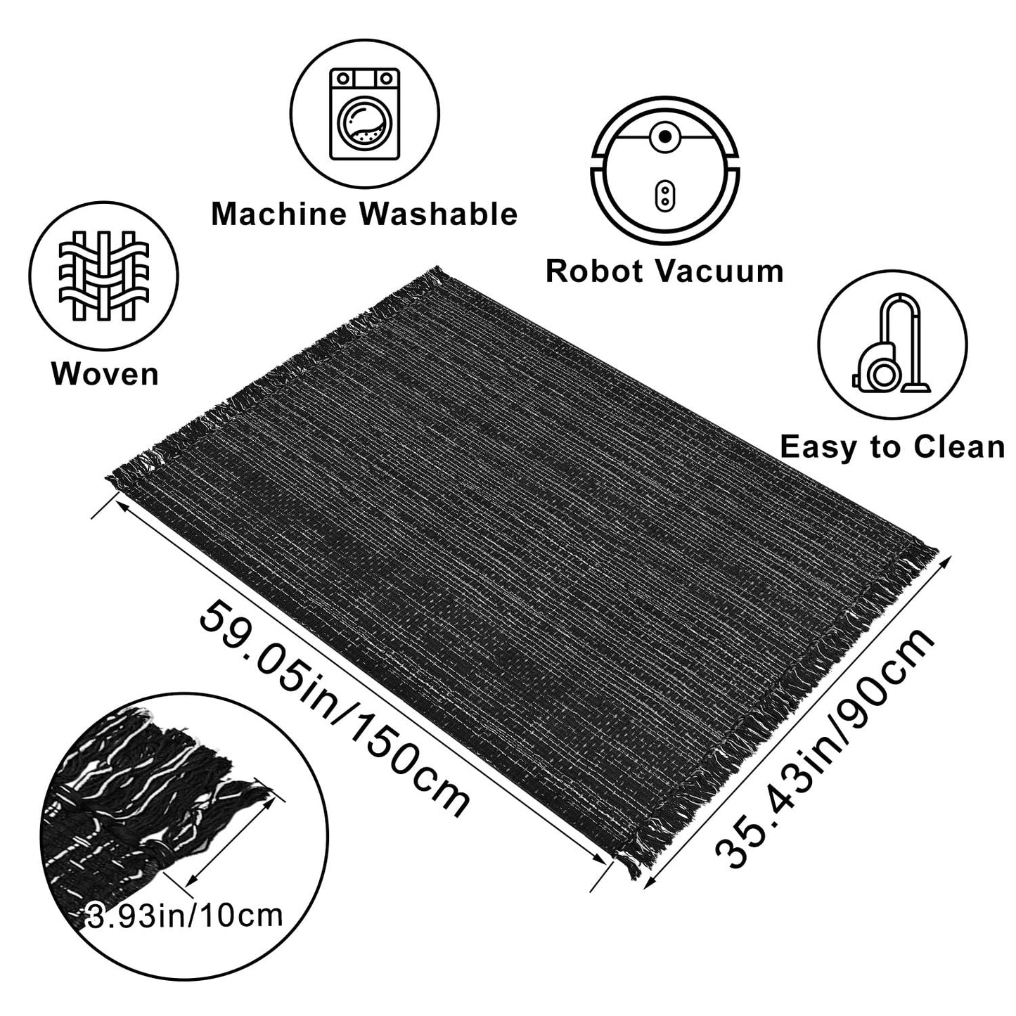 Washable Area Rug 3x5 Cotton Runner with Tassel, Black White Indoor Outdoor Rug for Kitchen Bedroom Living Room Farmhouse Laundry Entryway