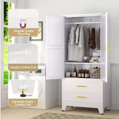 GAIOUS Metal Wardrobe Cabinet with Hanging Rod, Clothing Storage Cabinets | with 2 Door, 1 Adjustable Shelf and 2 Drawers, 71" Steel Armoire Wardrobe Closet for Bedroom, Gym, Cloak Room (White)