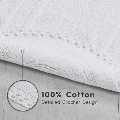 Laura Ashley Camilla 100% Cotton Oval Bath Mat with Crochet Border, Soft & Absorbent, Bright White 21" x 34" Bathroom Rug