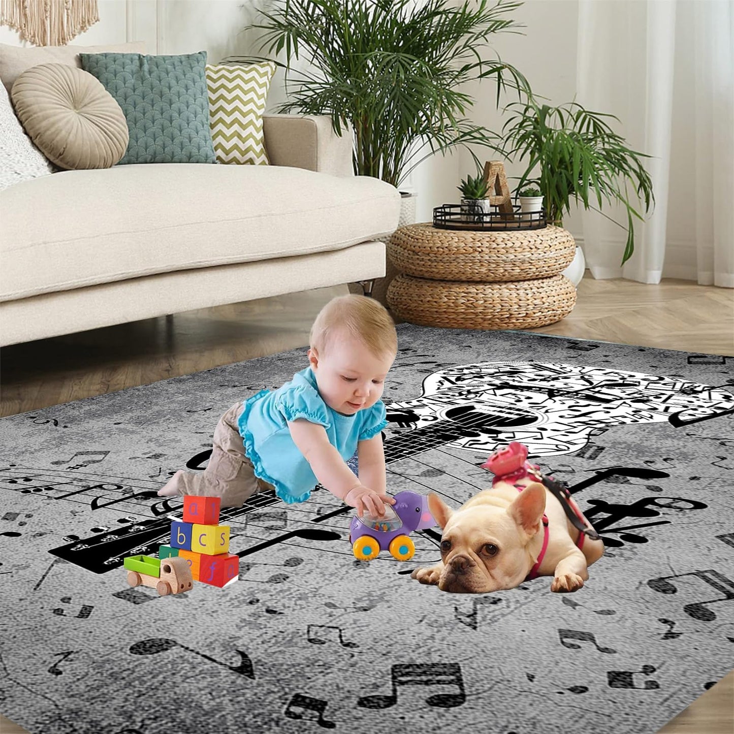 Music Musical Note Area Rug, 4x5ft, Gray Guitar Bass Home Decor Carpet, Soft Durable Fade Resistant Machine Washable Carpets, with Non Slip Backing Non Slip Rugs for Family Living Room