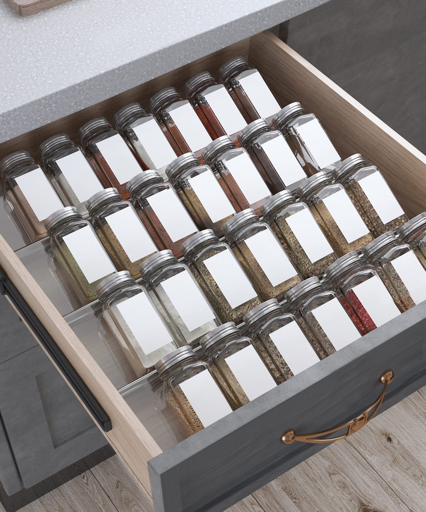 Antimbee Spice Drawer Organizer, 4 Tier- 4 Pack Acrylic Spice Rack Tray for Drawer, Expandable From 13" to 26" Kitchen Spice Rack Tray for Countertop Holds up 28 Spice Jars (Jars not Include)