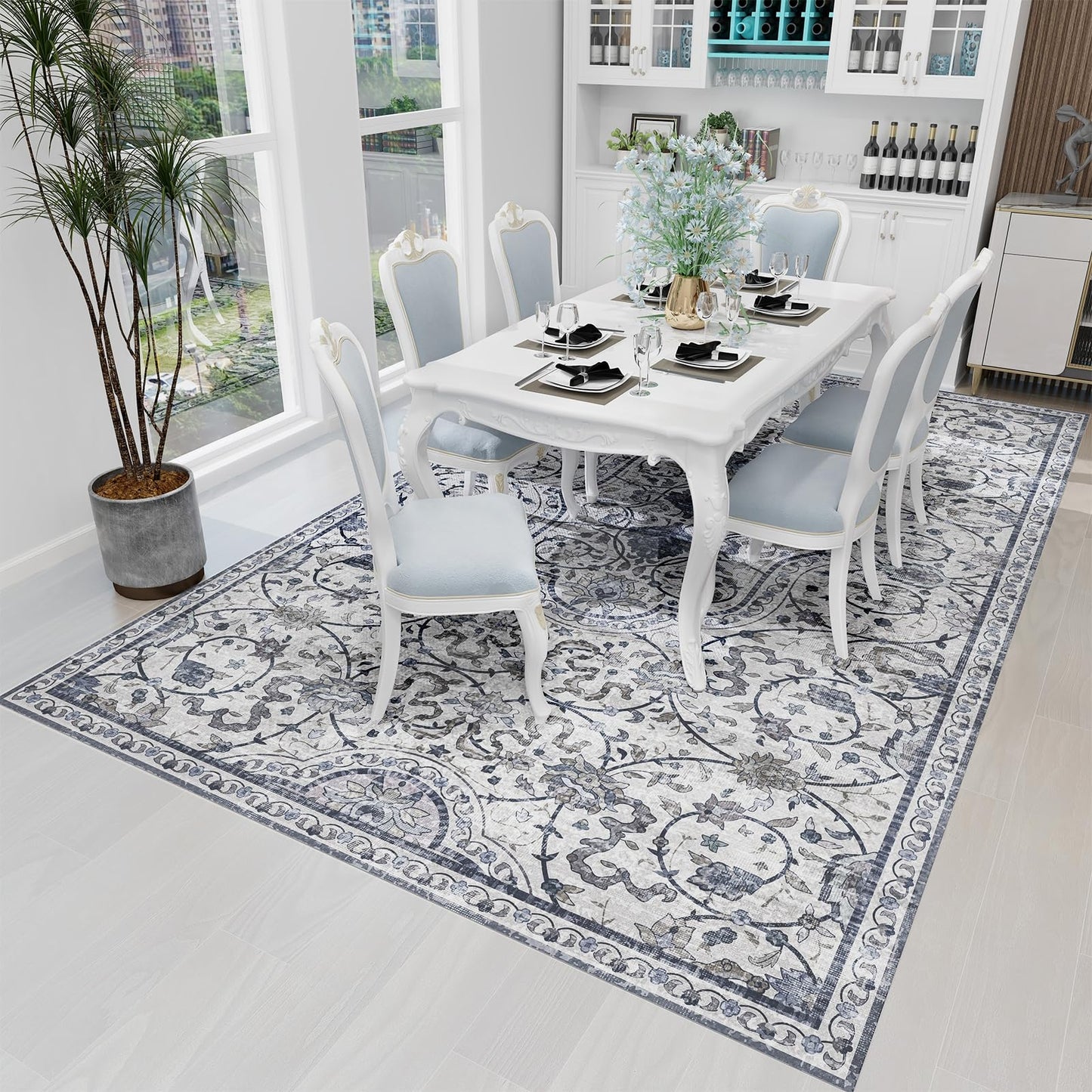 SALLOUS Vinyl Floor Mat for Home, 5' x 8' Waterproof Area Rug for Living Room, Non-Slip Area Rug for Under Dining Table, Vinyl Hard Floor Protector Mat for Bedroom, Kitchen, Bathroom (Grayish Blue)