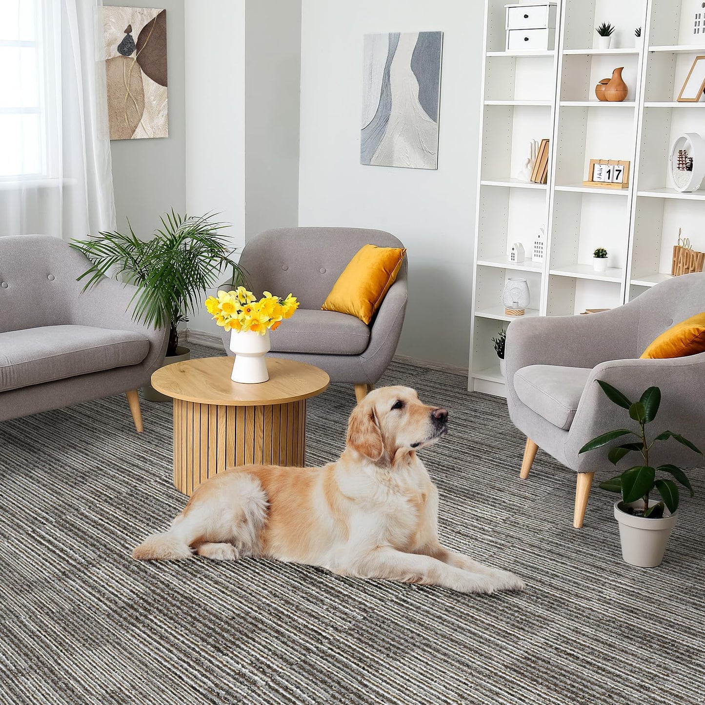 uyoyous 24 Pcs Commercial Carpet Tiles, 20'' x 20'' Twill Jacquard Carpet Squares with Non-Slip Backing, 64.58 Sq Ft Reusable Carpet Floor Tiles with Stickers for Home Office