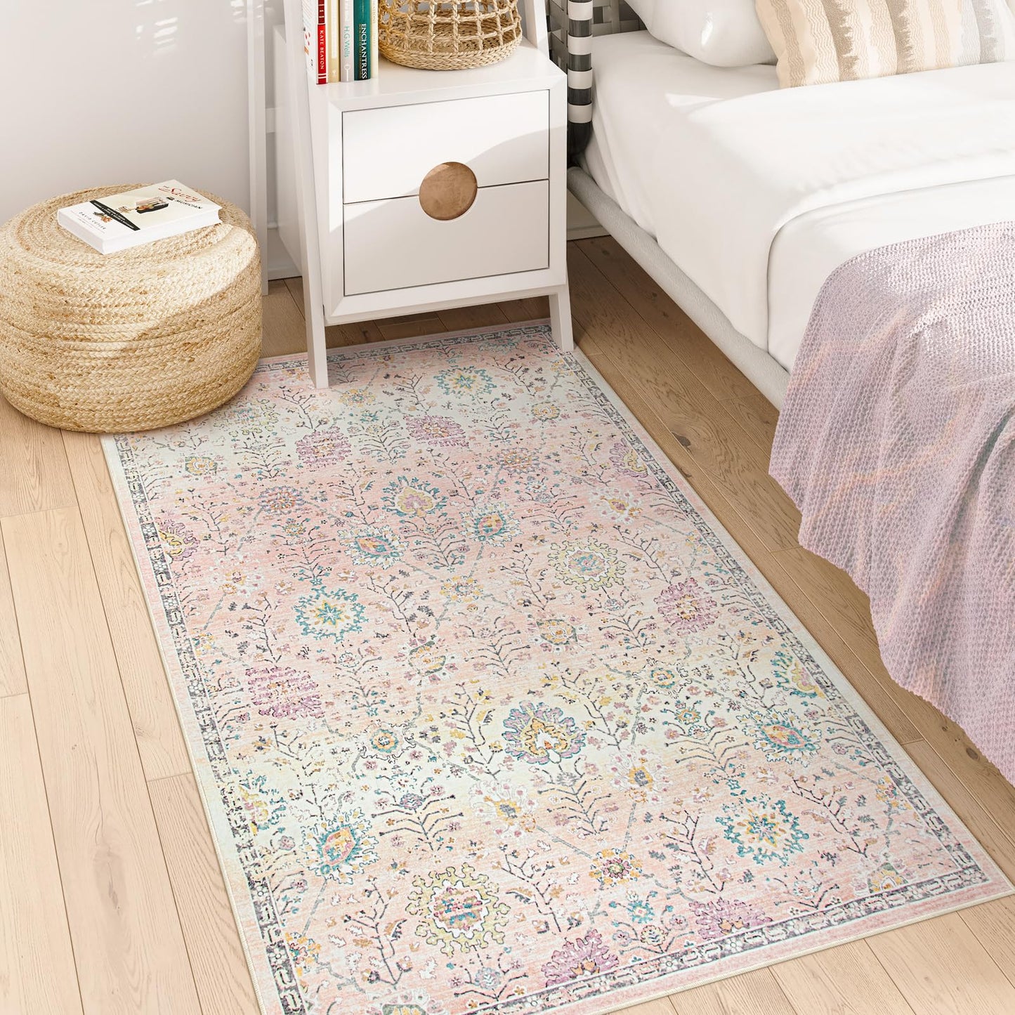 Lahome Flavie Light Pink Boho Rug, 3x5 Machine Washable Area Rugs for Dorm Girls, Soft Floral Small Nursery Pastel Mat, Pink Carpet for Bedroom Kids Room