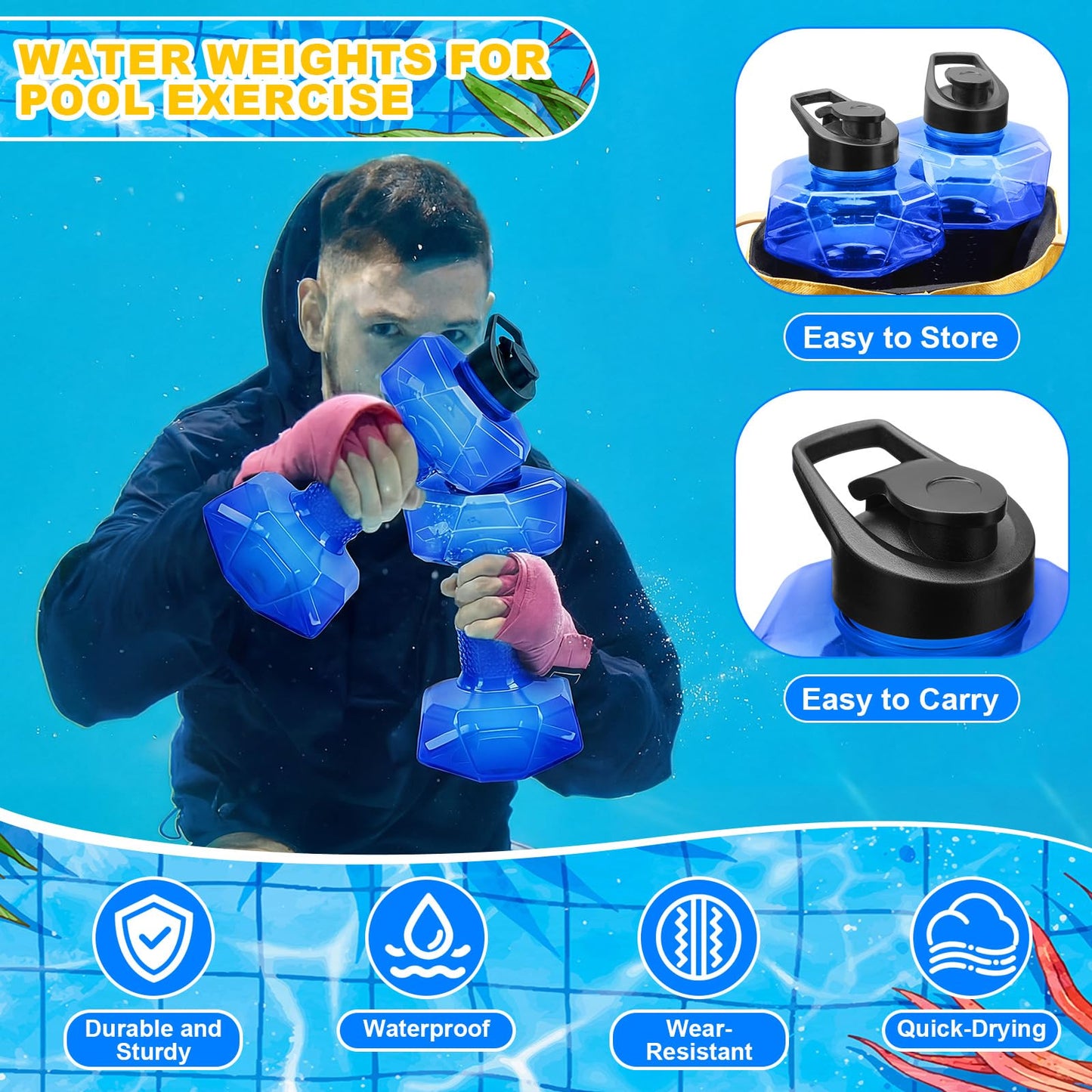 Arrowbash 4 Pcs Water Weights for Pool Exercise Aquatic Exercise Dumbbells with Non Slip Handle Water Dumbbells Set Adjustable Fitness Aerobics Equipment for Arm Toning Aqua Therapy Weight Loss