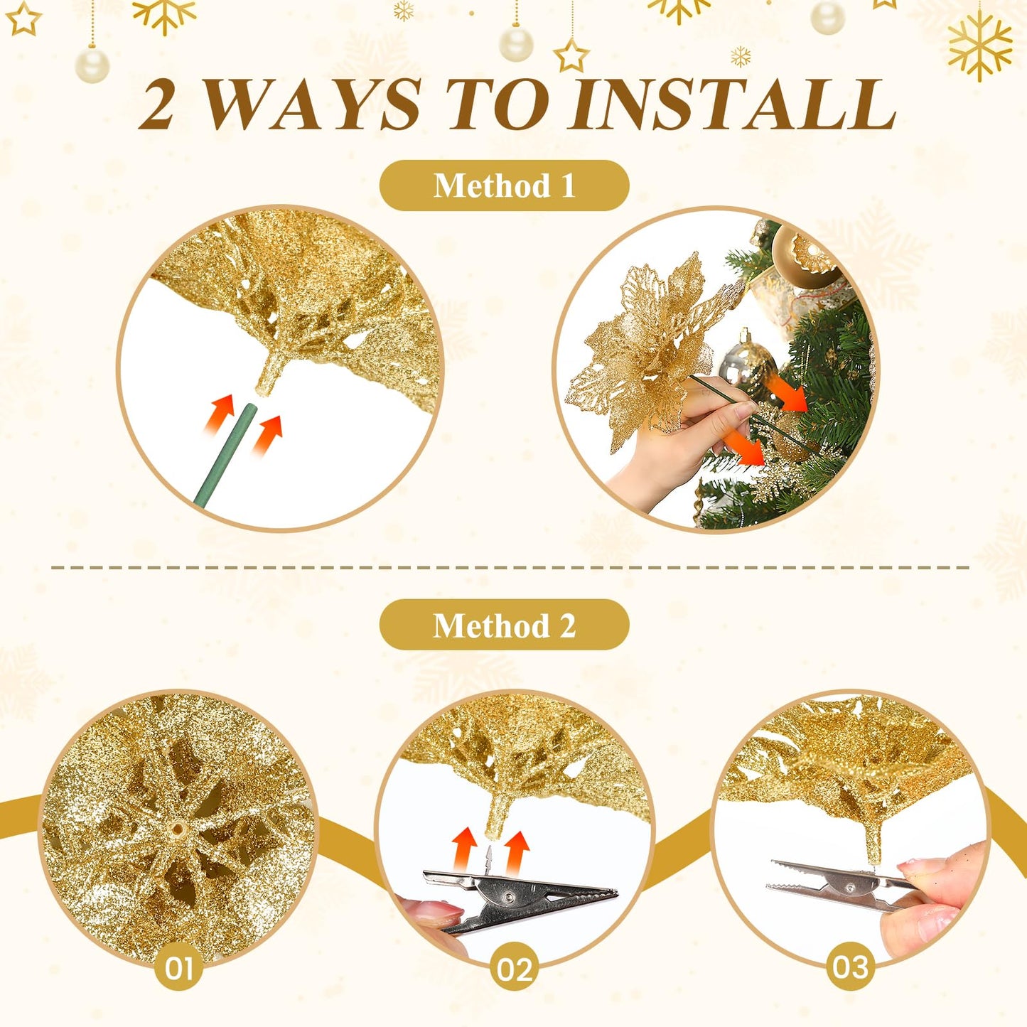 Alupssuc 24 PCS Christmas Tree Decorations, 12 PCS Poinsettia Flowers Artificial+6 PCS Glitter Holly Berry Stems+6 Berry Leaves Christmas Tree Picks for Party Wreath Fireplace, Gold