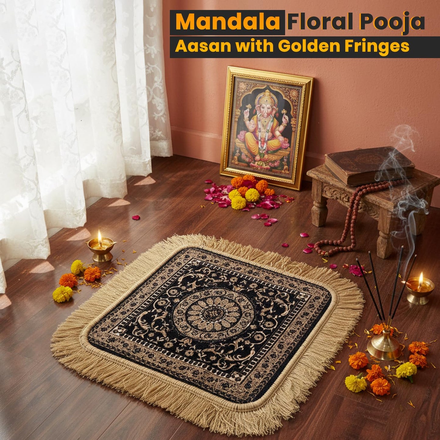 Moin Carpets Soft Chenille Prayer Mat | 1.5x1.5 Feet Traditional Mandala Floral Pooja Aasan with Golden Fringes | Multipurpose Rug for Meditation, Yoga, Puja Room & Home (Pack of 2, Navy Blue)
