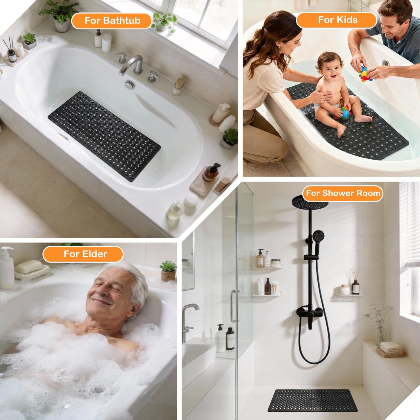Yimobra Bathtub Mat Non Slip, 34.5"X15.5" Long Shower Mat for Inside Shower, Machine Washable Bath Mat with Drain Holes & Strong Suction Cups, Soft on Feet, Bathroom Essentials, Black
