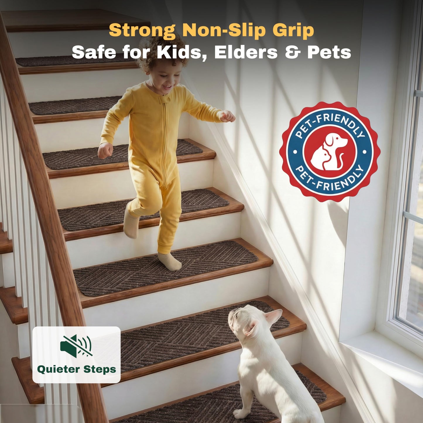 MBIGM 8 X 30inches, 15 in Pack, Non-Slip Carpet Stair Treads Non-Skid Safety Rug Slip Resistant Indoor Runner for Kids Elders and Pets with Reusable Adhesive, Brown Weave