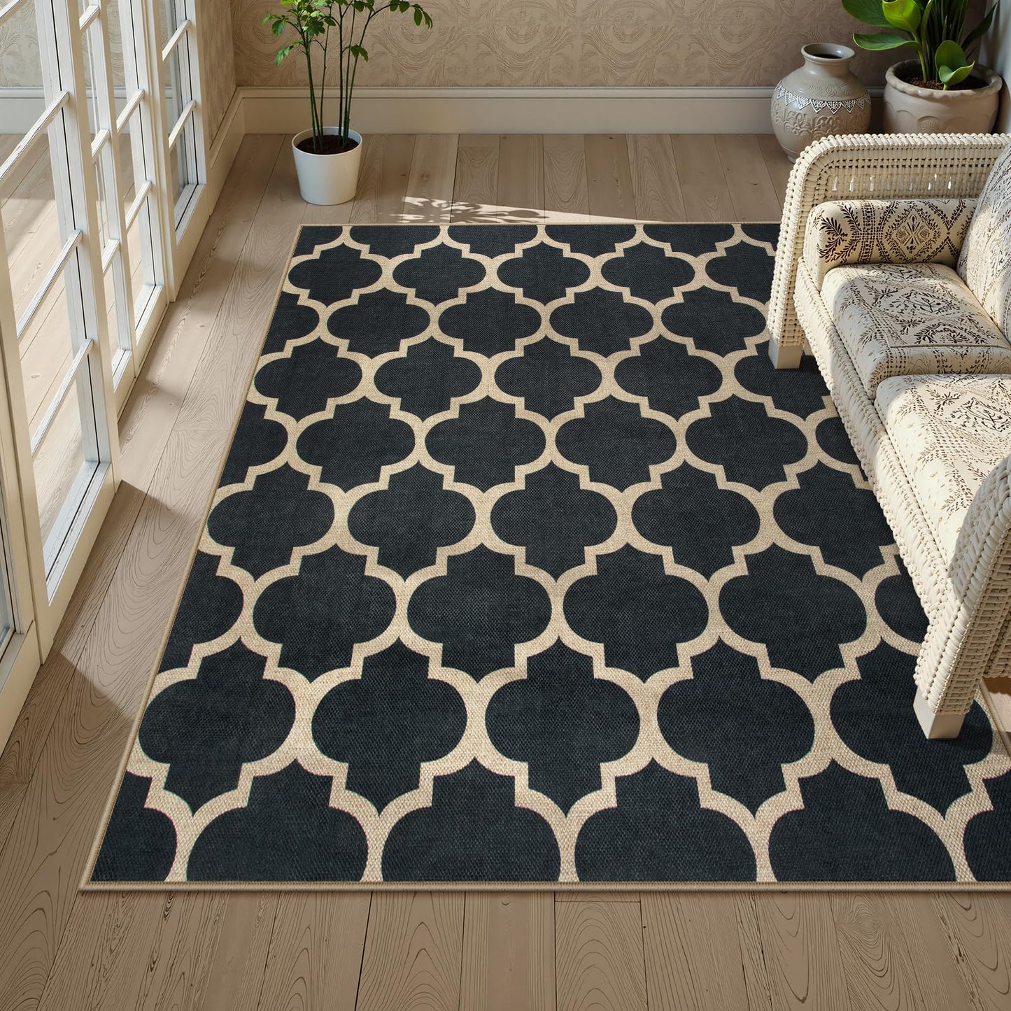 Lahome Moroccan Outdoor Rug 5x7, Easy Jute Black Washable Rugs for Patio Living Room, Geometric Trellis Woven Area Rug Non Slip for Backyard, Thin Non Shedding Farmhouse Carpet for Bedroom