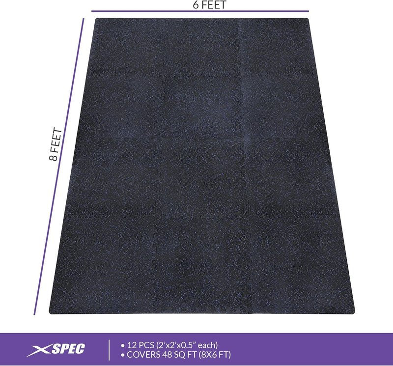 Xspec Interlocking Rubber EVA Foam Exercise Mat - Durable Gym Flooring Tiles | 48 sq ft (12 Tiles) | Black/Blue