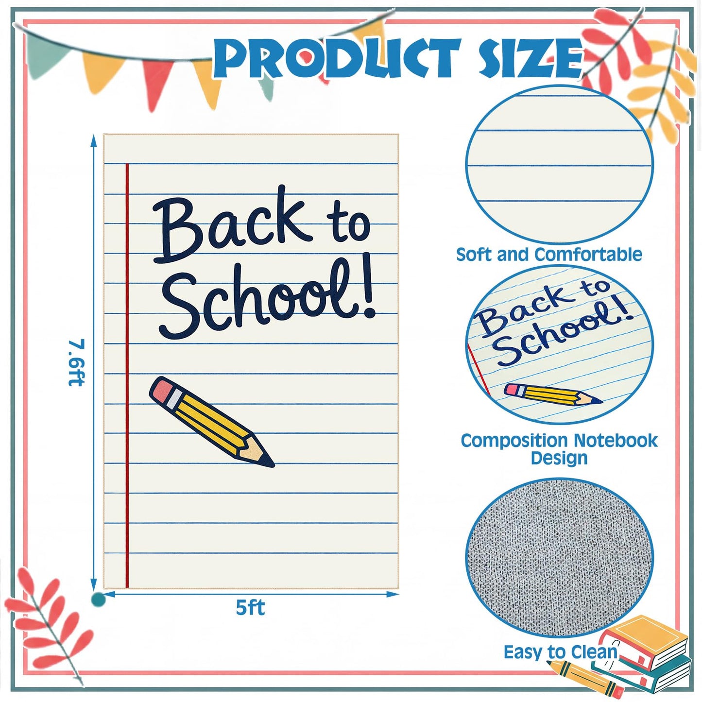Breling 5 x 7.6 ft Large Classroom Area Rug Composition Notebook Rug Elementary Educational Carpet Back to School Decor for Teachers Library Nursery Playroom Reading Corner Daycare Learning Space