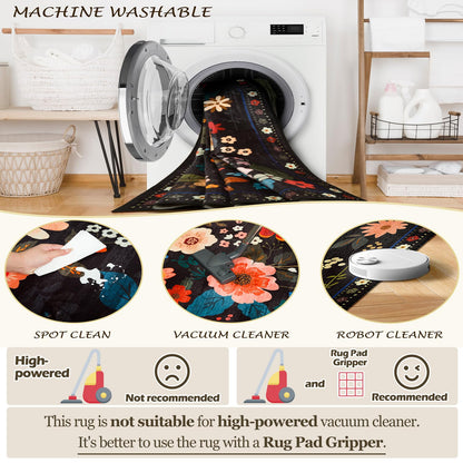 RELEANY Floral 5x7 Area Rugs Washable Print Boho Cute Carpet Non Slip Flower Low Pile for Living Room Bedroom Kitchen Office Farmhouse-Black