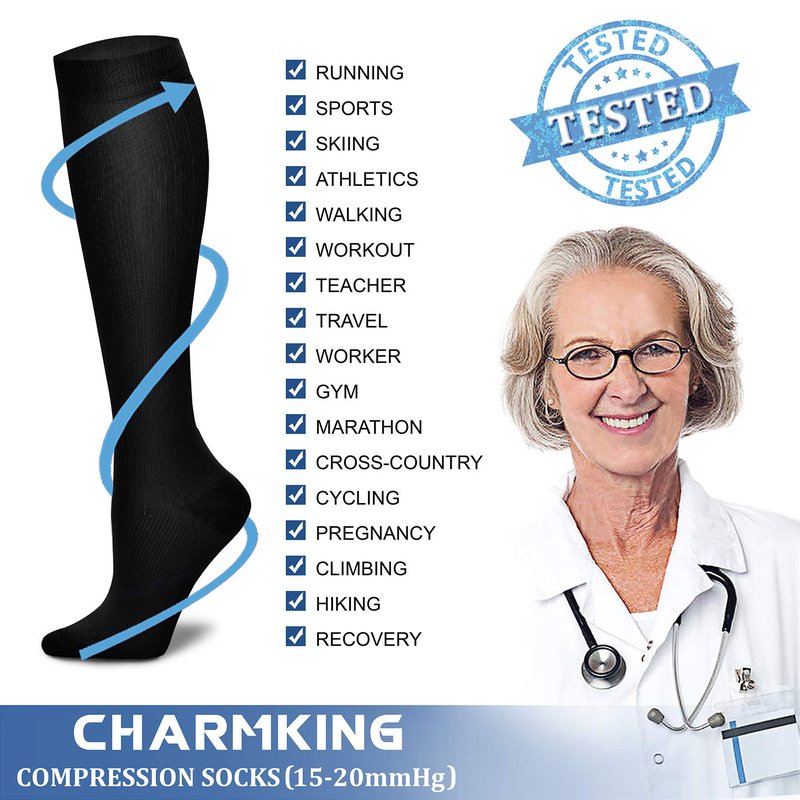 CHARMKING Compression Socks for Women & Men (8 Pairs) 15-20 mmHg Graduated Copper Support Calf Socks are Best for Pregnant, Nurses - Boost Performance, Circulation, Knee High Wide Calf(L/XL, Black)