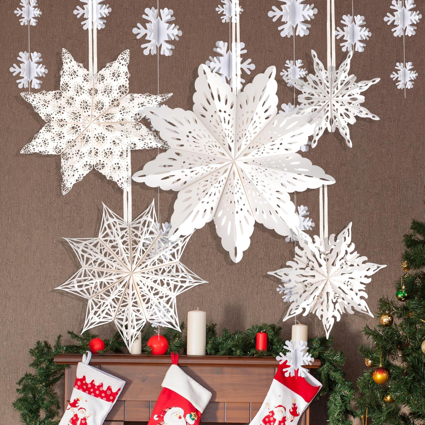 5Pcs Christmas Paper Snowflake Lanterns, Large Christmas Paper Star Lanterns with Lights & Banner White Hanging Snowflake Lamps for Xmas Winter Frozen Weddings Birthday Holiday Party Decorations
