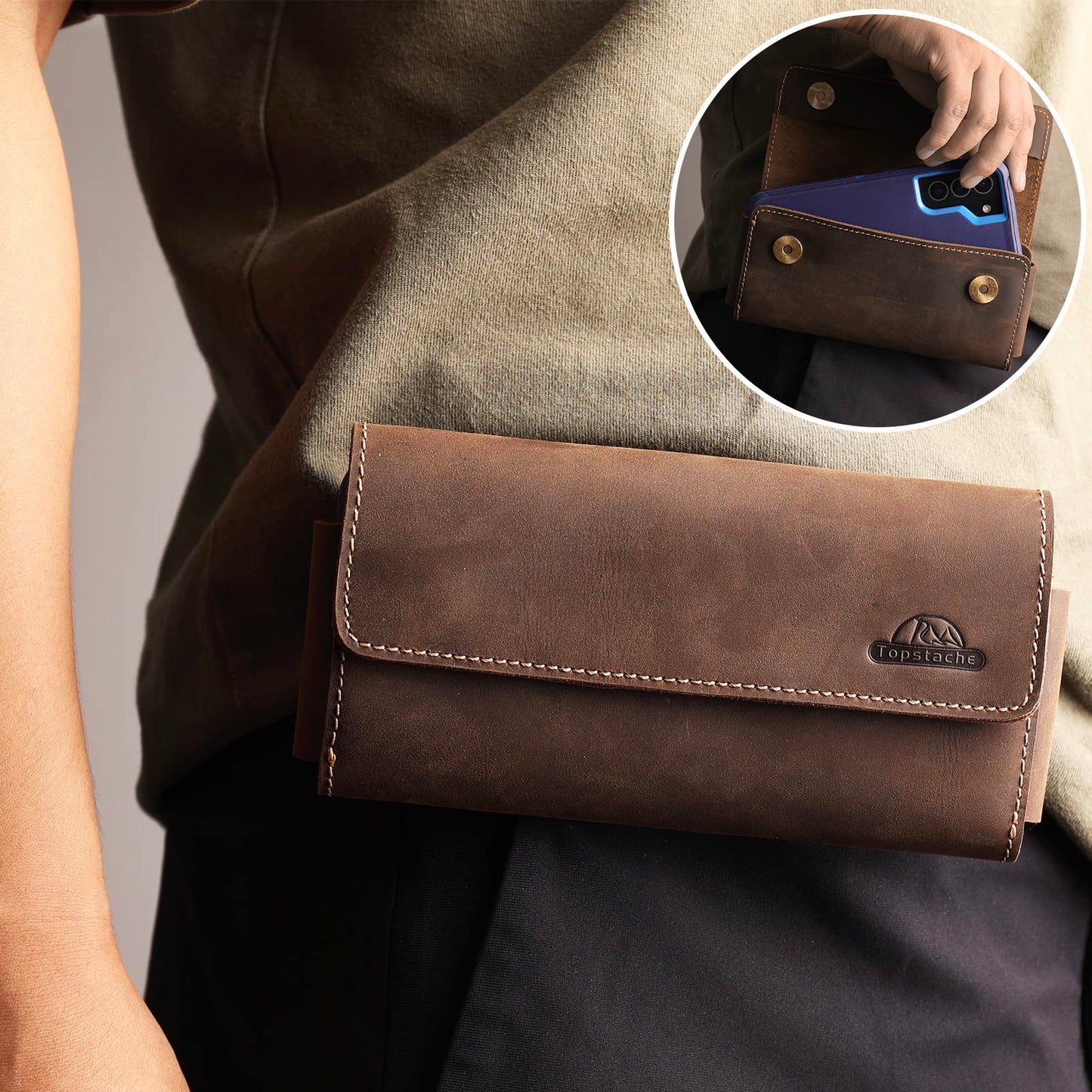 Topstache Belt Clip Leather Phone Holster,Two Pockets Cell Phone Pouch, Leather Card Holder,Wallet for Cash and Phone, Phone Pouch for iPhone 14 Pro,iPhone 14,S22 with Magnetic Closure,L,Darkbrown