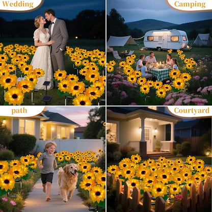 Outdoor Solar Garden Stake Lights,Upgraded LED Solar Powered Light with 3 Sunflower, Waterproof Solar Decorative Lights for Garden, Patio, Backyard (2 Pack 6 Flower)
