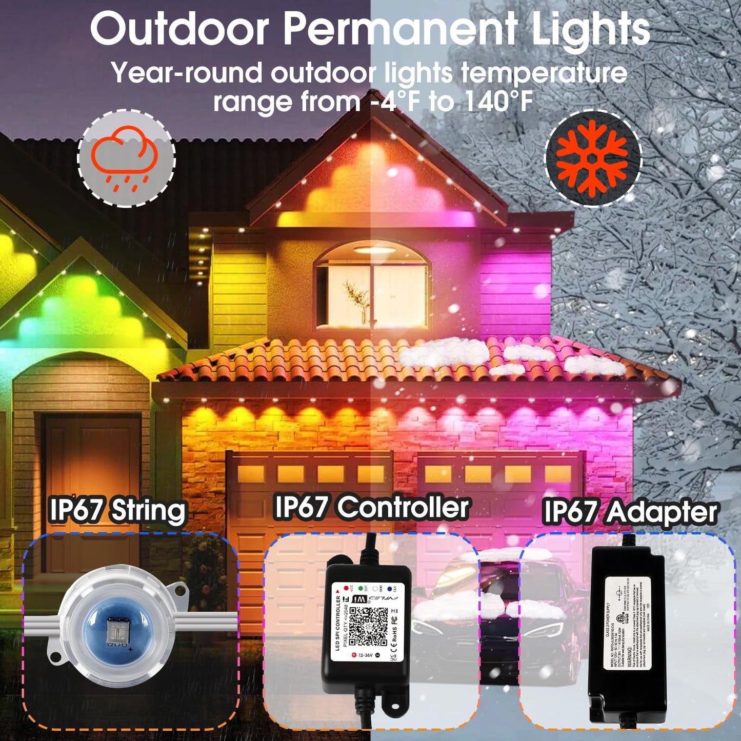 Sumaote Permanent Outdoor Lights 150ft, Smart RGB+IC Smart Christmas House Lights 108 LED Waterproof Music Sync Eave Lights for Christmas, Holiday Decor, Compatible with Alexa Google Assistant