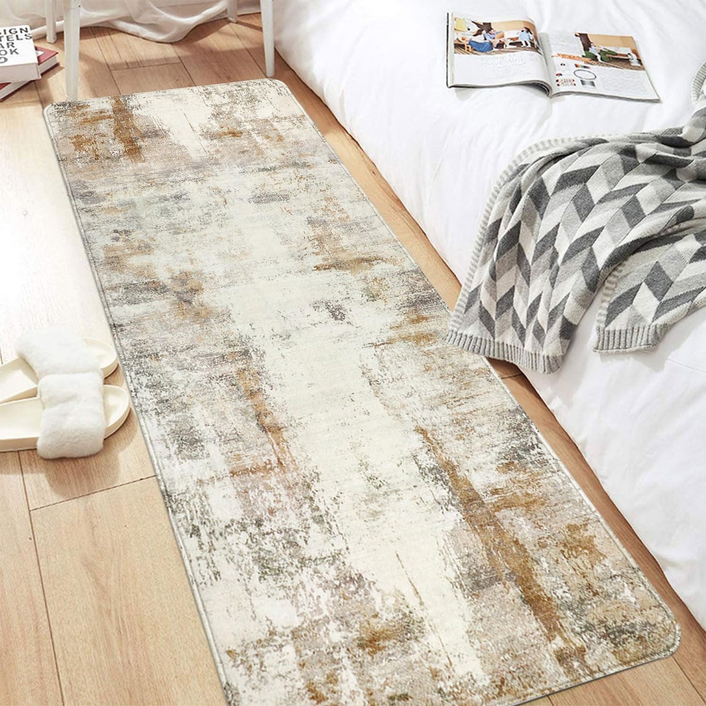 2x6 Runner Rug, famibay Modern Abstract Washable Rug Runners for Hallways Non Slip Faux Wool Carpet Runners for Kitchen Bathroom Bedroom(Beige/Camel)