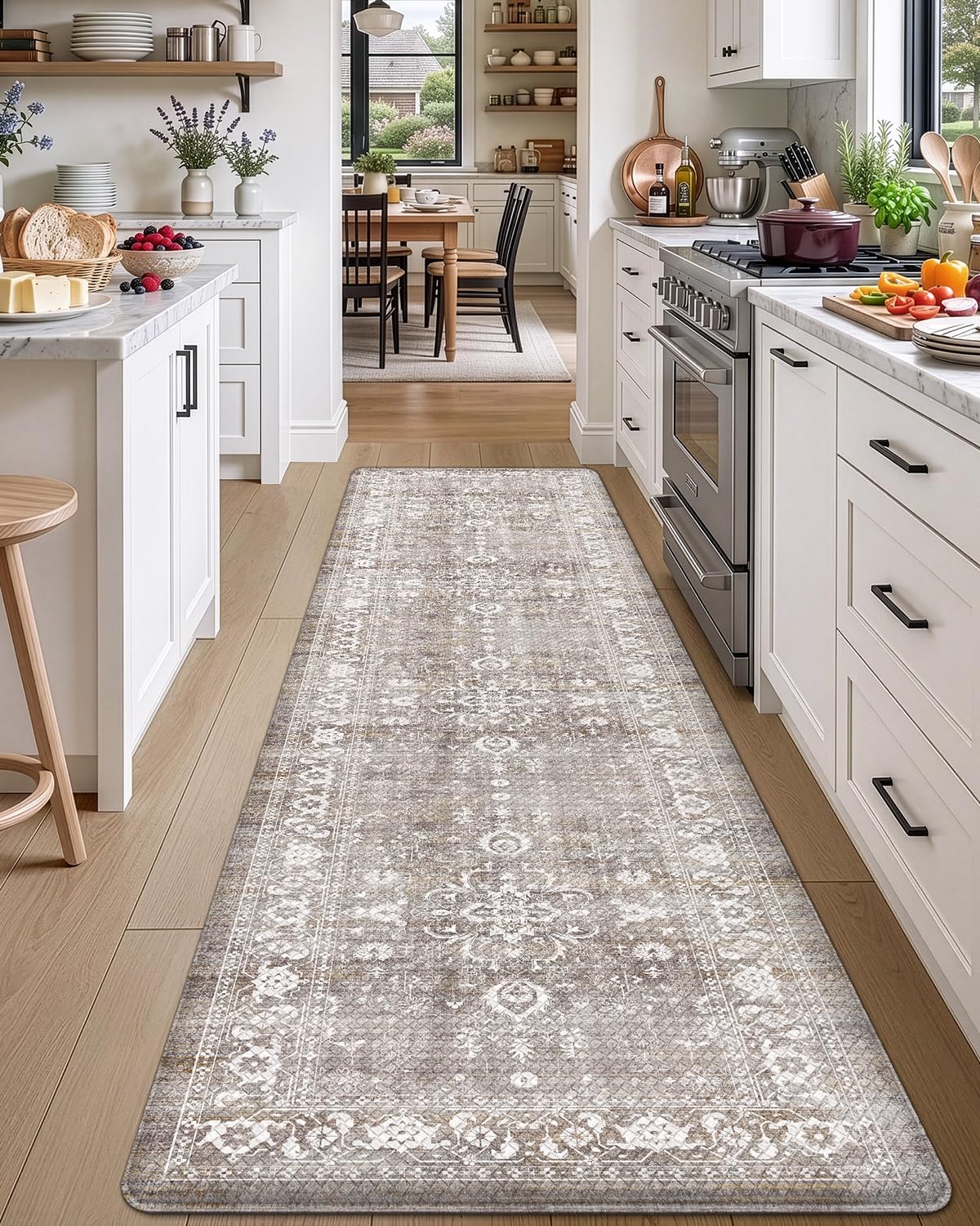 DEXI Kitchen Floor Mats Cushioned Anti Fatigue, 23x86 Long Wide Standing Comfort Runner Rug, Waterproof Retro Floral Memory Foam Padded for Front Sink Laundry, Grey Floral
