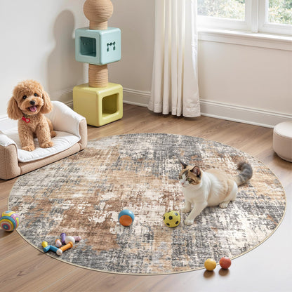 DMOYEST 5ft Round Area Rug Living Room Rugs - 5x5 Washable Large Soft Indoor Neutral Modern Abstract Low Pile Rug Carpet for Bedroom Dining Room Farmhouse Home Office - Grey Brown