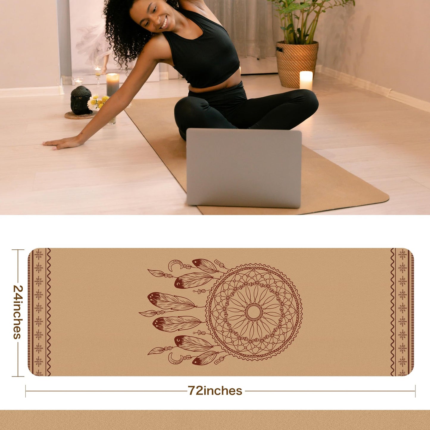 IKULE Premium Cork Yoga Mat Non Slip Thick Cork Exercise & Fitness Mat for Yoga, Pilates, & Home Workouts(72" x 24" x 5mm Thick)