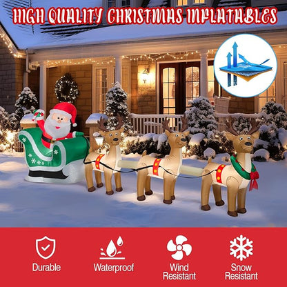 12 FT Christmas Inflatables Santa Sleigh with 3 Reindeer Decorations, Christmas Blow up Santa and Reindeer Inflatable Built-in 8 LEDs for Christmas Inflatable Outdoor Decoration Xmas Party