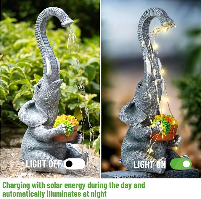Elephant Garden Statue with Solar Watering Lights, Outdoor Resin Animal Sculpture for Patio, Lawn, Yard – Unique Gift for Women, Mom, Grandma (Grey Succulents)