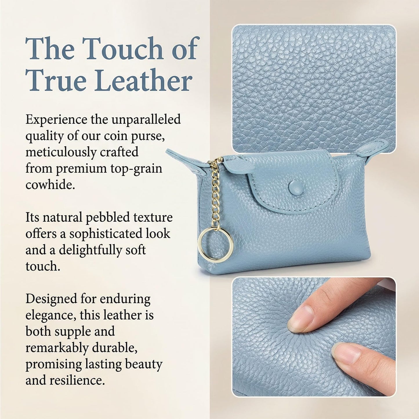 BDHRKTE Women's Genuine Leather Mini Coin Purse and Wrist Bag - Coin Organizer, Change Holder, Card Case, Zipper Storage Bag in Water Blue