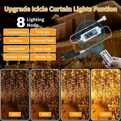 600LED Plug-in Christmas Icicle String Lights, 75Ft With Remote, 8 Modes Warm White Twinkle Fairy Waterproof for Terrace Wall Outdoor Decoration
