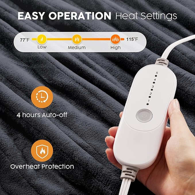 HYLEORY Heated Electric Blanket Throw 50"x60" Soft Fleece & Flannel with 5 Heating Levels & 3 Hours Timer Auto Shutt Off, ETL Certified, Washable，Heated Blanket for Body-Dark Grey