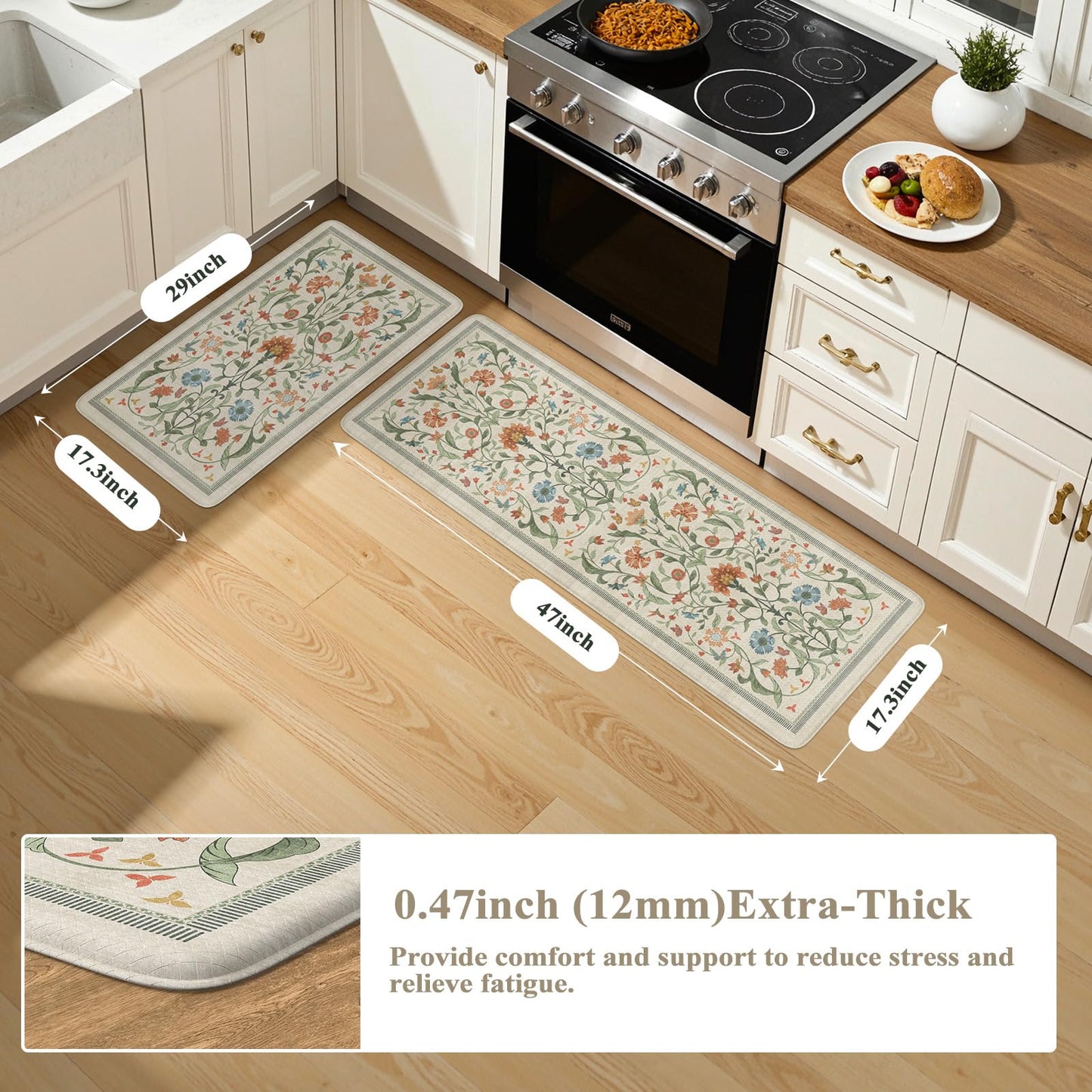 Collive Kitchen Mats for Floor, Cushioned Anti Fatigue Mat Floral Rugs 2 Piece Non Skid Waterproof Sink Rug, Memory Foam Comfort Standing Mat for Office, Laundry, Desk, 17.3"x29"+17.3"x47", Beige