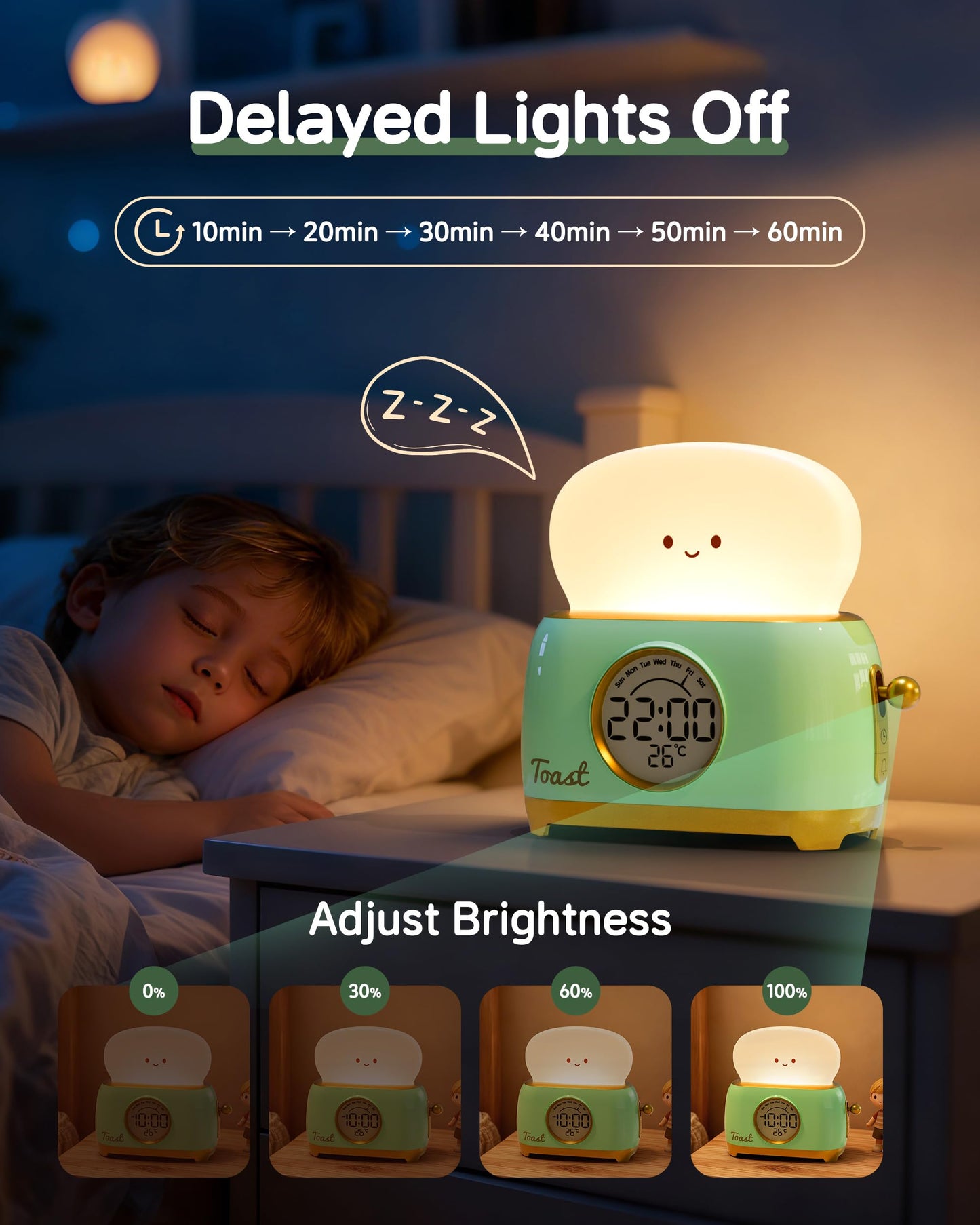Aokpsrt Alarm Clock for Kids, Cute Toast Night Light Alarm Clocks for Bedrooms, Dimming Rechargeable Small Led Desk Clock with Snooze & Countdown for Room Decor, Bedside Clock for Teen Girls Boys