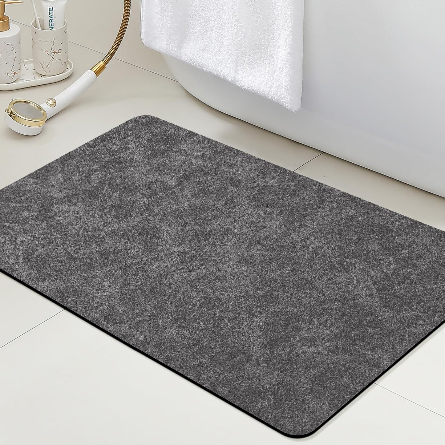 ACCUMTEK Non Slip Bath Mat, Thin Bathroom Rugs Fit Under Door, Quick Dry Bath Mats, Machine Washable Bath Rugs for Bathroom, Bathtub & Kitchen, Charcoal Gray/Crackle/24 x17