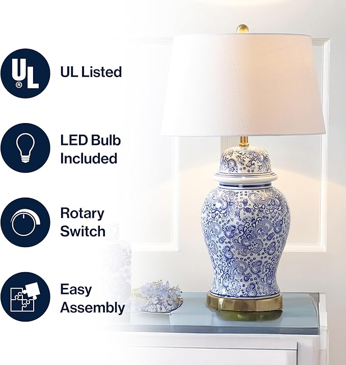 JONATHAN Y JYL3008A Ellis 29.5" Ceramic LED Table Lamp Traditional Bedside Desk Nightstand Lamp for Bedroom Living Room Office College Bookcase LED Bulb Included, Blue/White